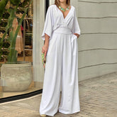 Jumpsuit mit Fledermausärmeln, V-Ausschnitt, rückenfrei, Taillenbesatz, lockerer Jumpsuit mit weitem Bein